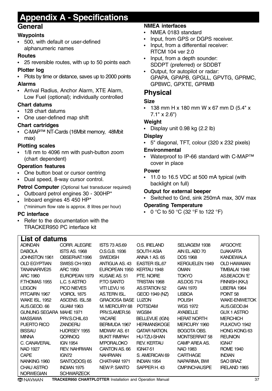 Appendix a - specifications, General, Physical | List of datums | Navman TRACKER950 User Manual | Page 35 / 41