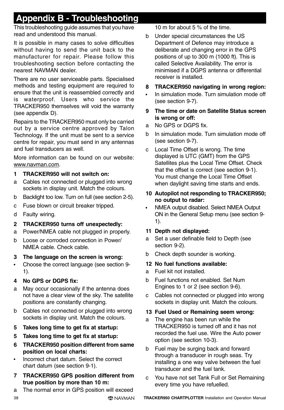 Appendix b - troubleshooting | Navman TRACKER950 User Manual | Page 36 / 41