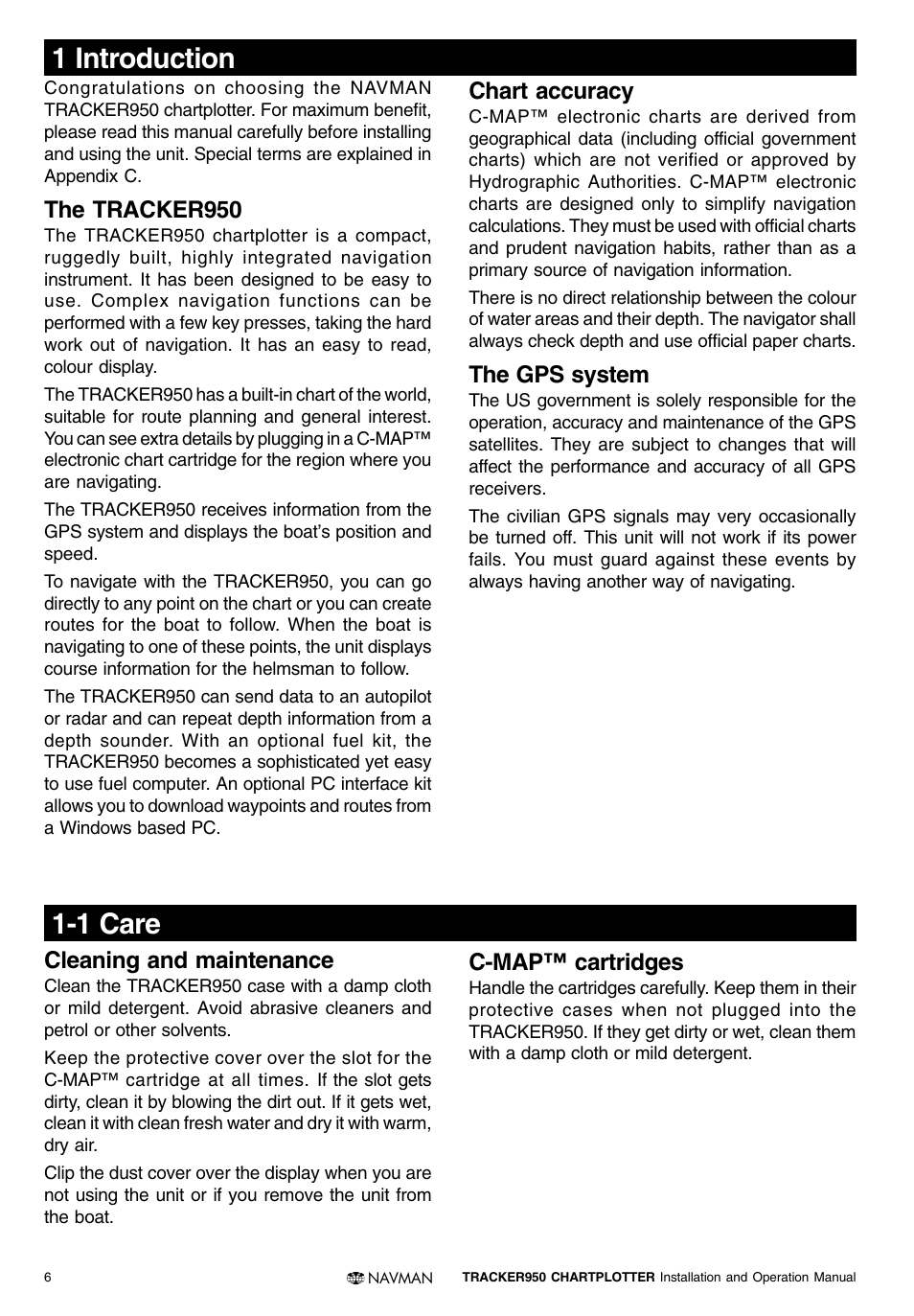 1 introduction, 1 care, The tracker950 | Chart accuracy, The gps system, Cleaning and maintenance, C-map™ cartridges | Navman TRACKER950 User Manual | Page 4 / 41