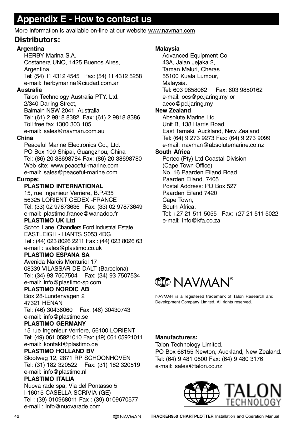 Navman, Appendix e - how to contact us, Distributors | Navman TRACKER950 User Manual | Page 40 / 41