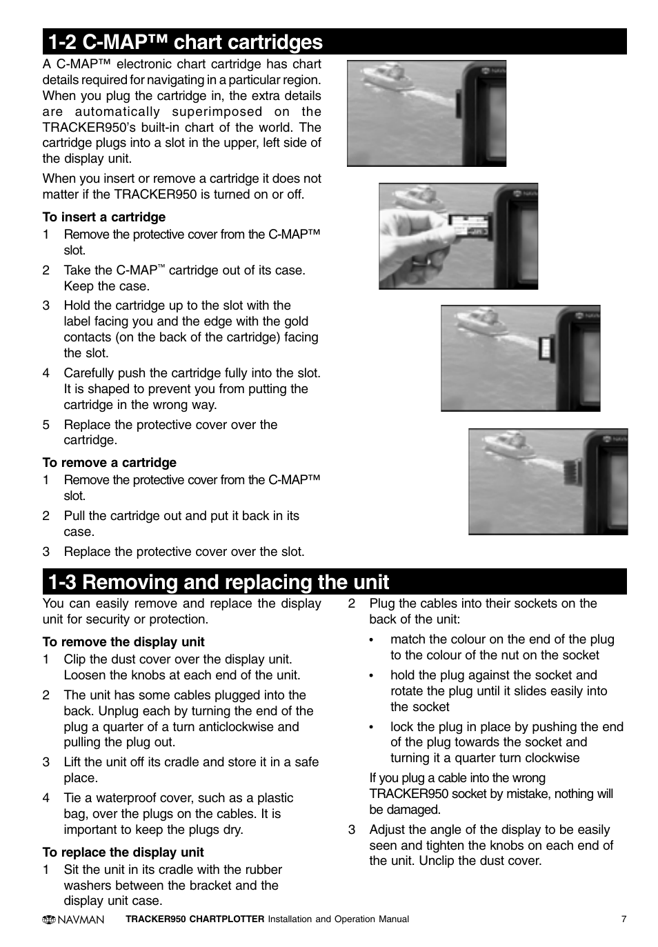2 c-map™ chart cartridges, 3 removing and replacing the unit | Navman TRACKER950 User Manual | Page 5 / 41