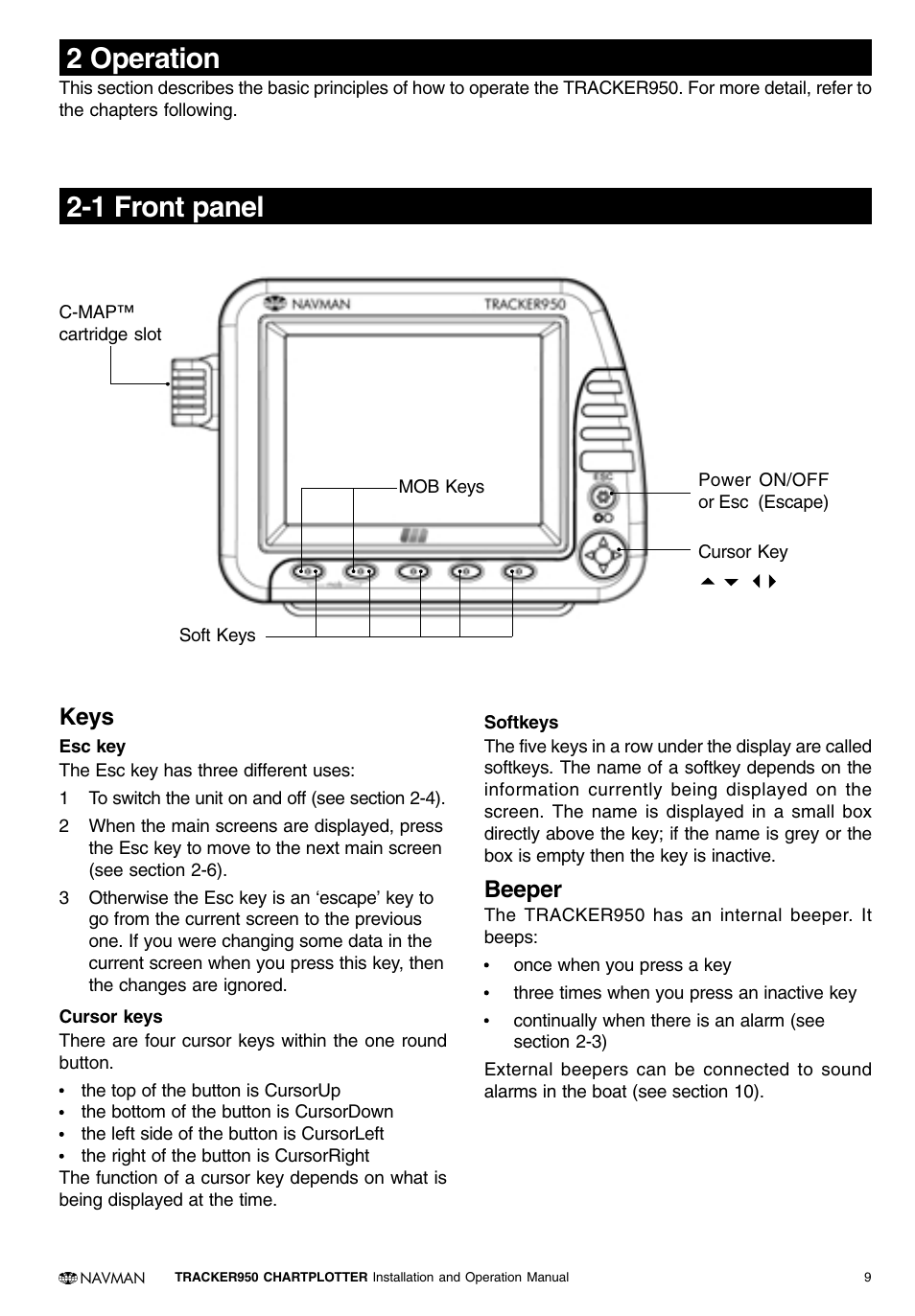 2 operation 2-1 front panel, Keys, Beeper | Navman TRACKER950 User Manual | Page 7 / 41