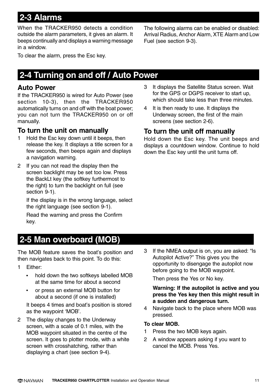 4 turning on and off / auto power, 3 alarms, 5 man overboard (mob) | Auto power | Navman TRACKER950 User Manual | Page 9 / 41
