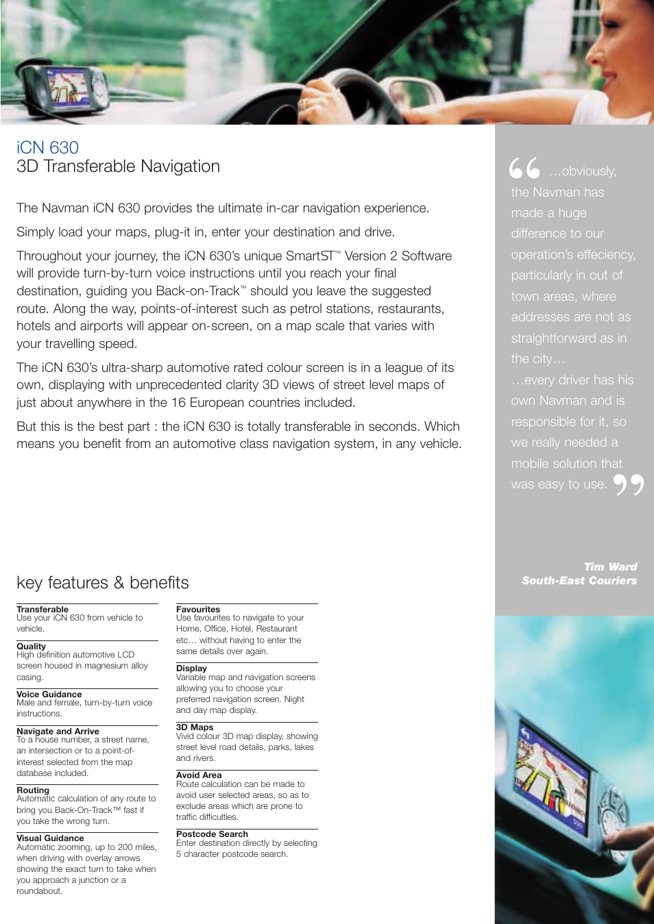 Icn 630 3d transferable navigation, Key features & benefits | Navman iCN Series User Manual | Page 3 / 8