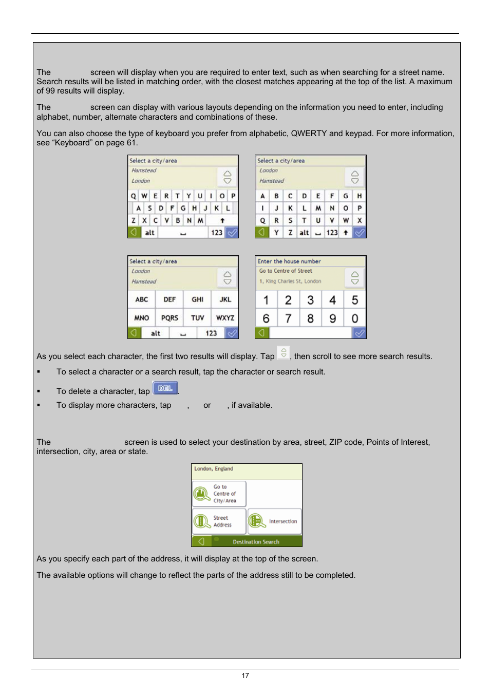 Using the keyboard screen, Using the destination search screen | Navman F25 User Manual | Page 17 / 70