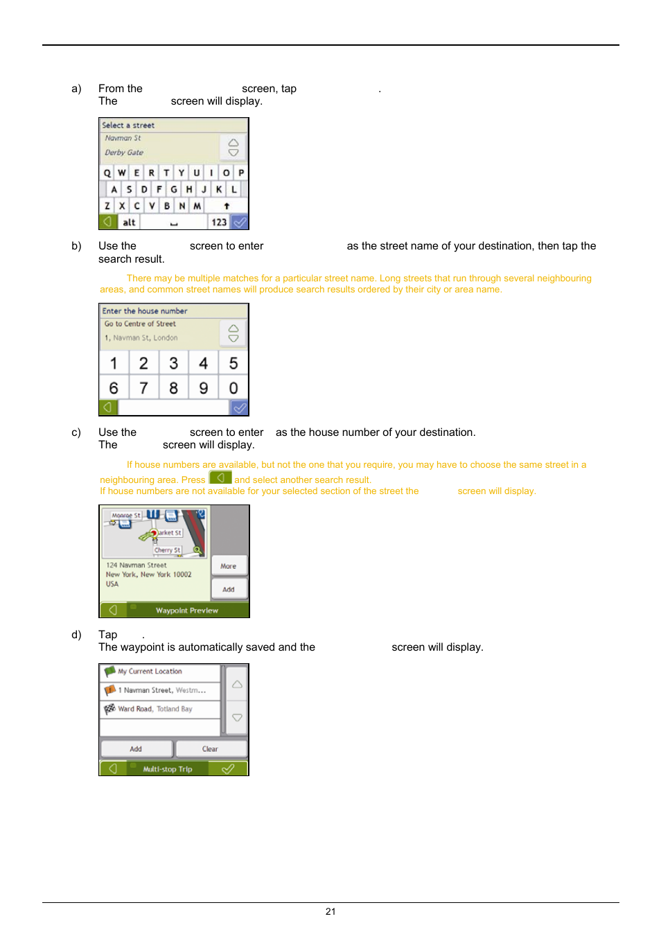 Search for the street name and house number | Navman F25 User Manual | Page 21 / 70