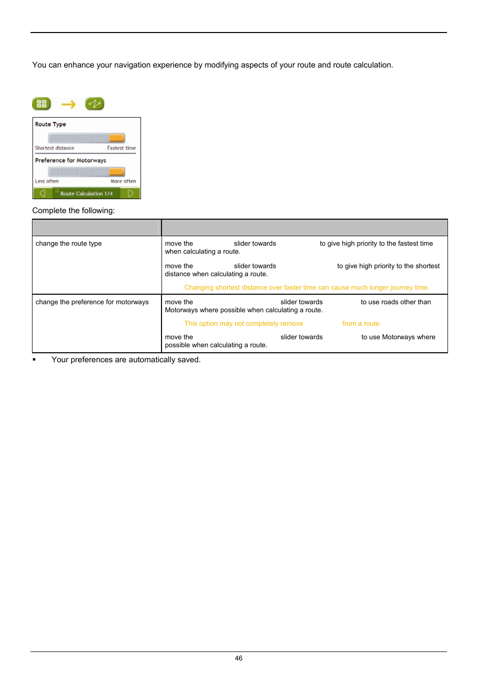 Route options, Route calculation 1/4 | Navman F25 User Manual | Page 46 / 70