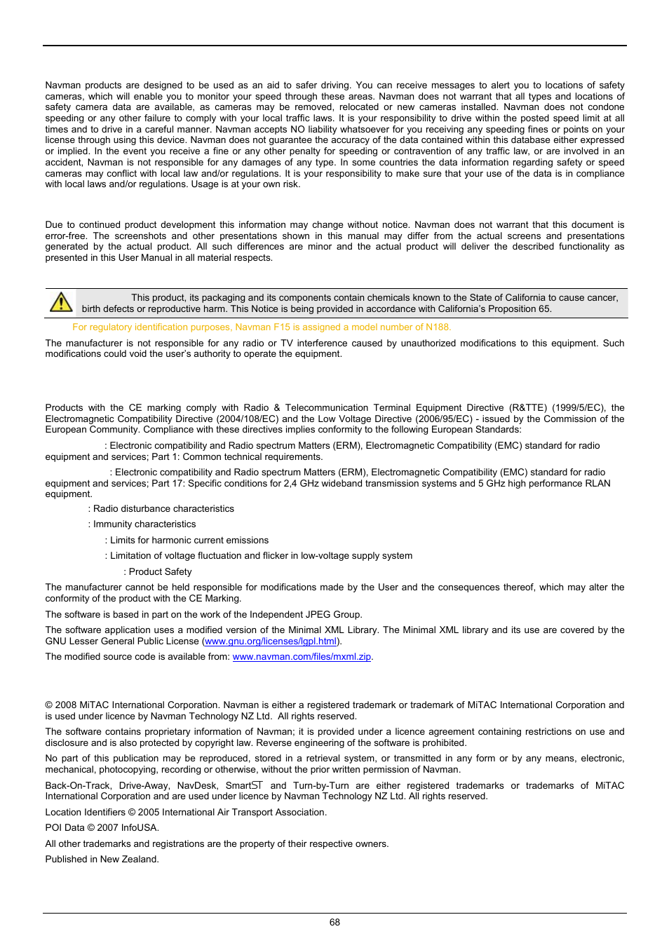 Safety camera pois, Disclaimer, Compliance | Copyright | Navman F25 User Manual | Page 68 / 70