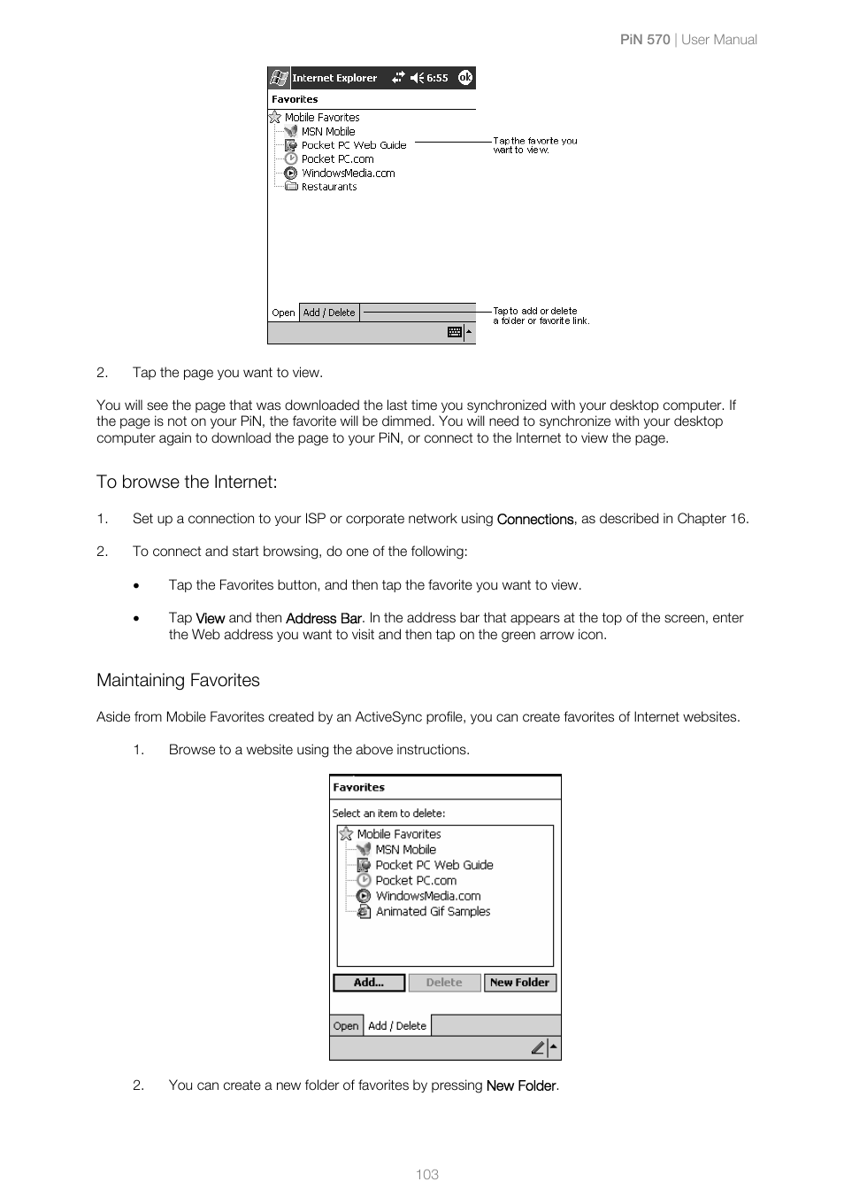 To browse the internet, Maintaining favorites | Navman PiN 570 User Manual | Page 103 / 116