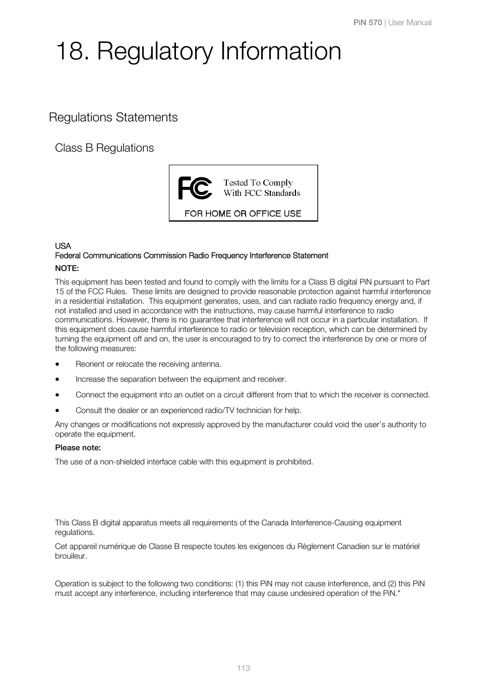 Regulations statements, Class b regulations, Regulatory information | Navman PiN 570 User Manual | Page 113 / 116