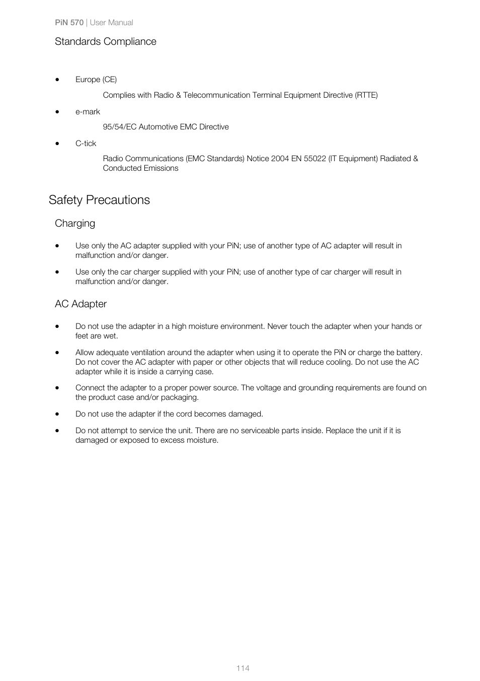 Safety precautions, Charging, Ac adapter | Navman PiN 570 User Manual | Page 114 / 116