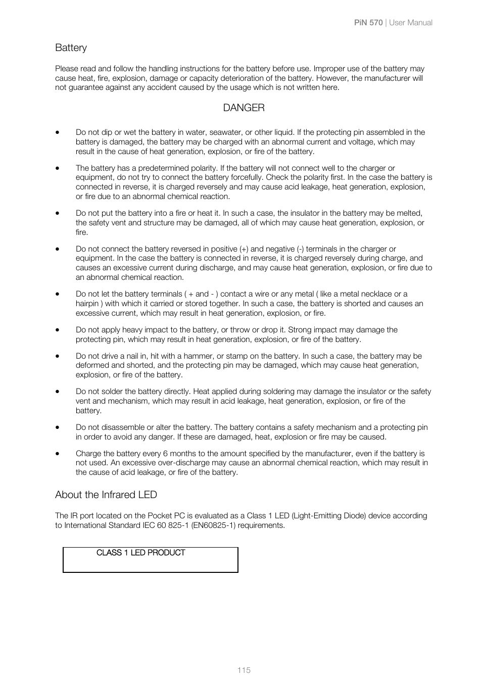 Battery, About the infrared led, Danger | Navman PiN 570 User Manual | Page 115 / 116