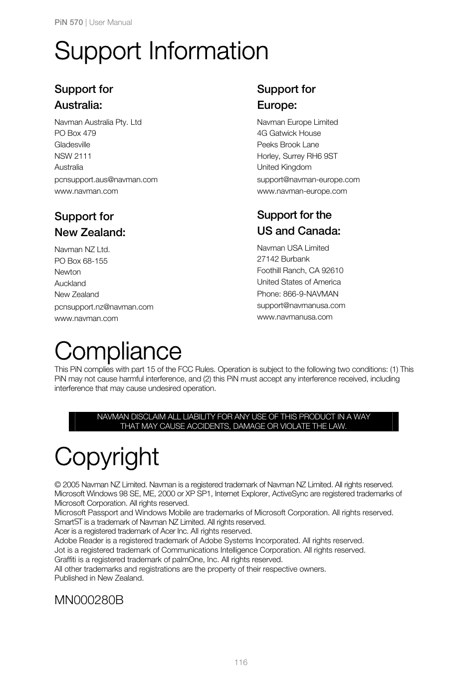 Copyright, Support information, Compliance | Navman PiN 570 User Manual | Page 116 / 116