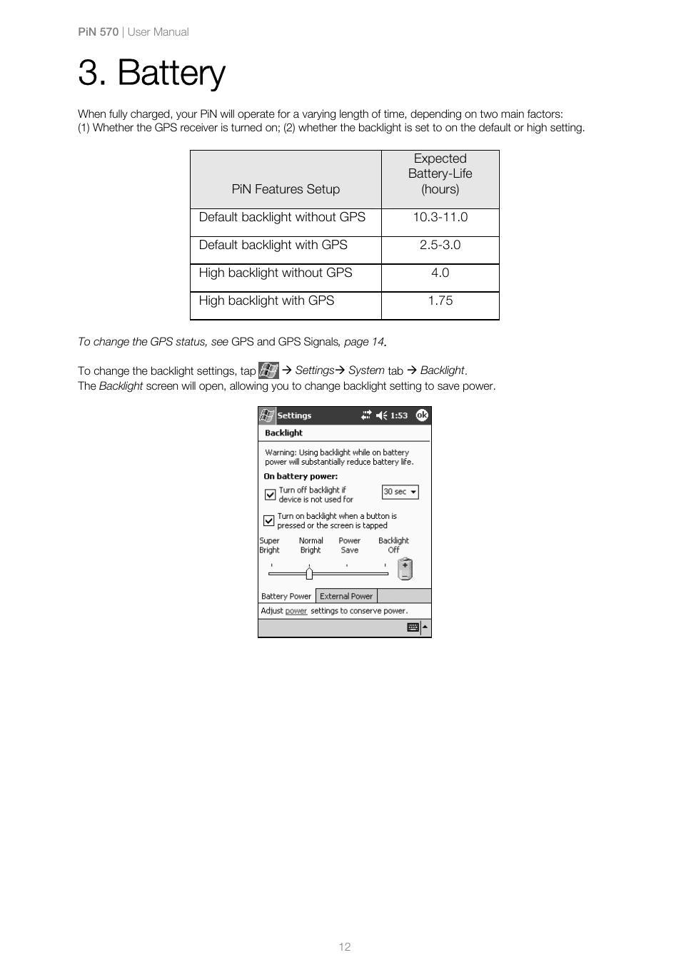 Battery | Navman PiN 570 User Manual | Page 12 / 116