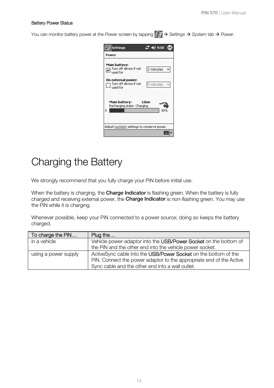 Charging the battery | Navman PiN 570 User Manual | Page 13 / 116