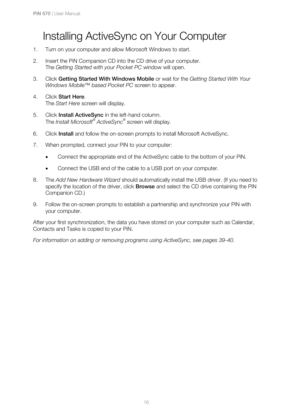 Installing activesync on your computer | Navman PiN 570 User Manual | Page 16 / 116