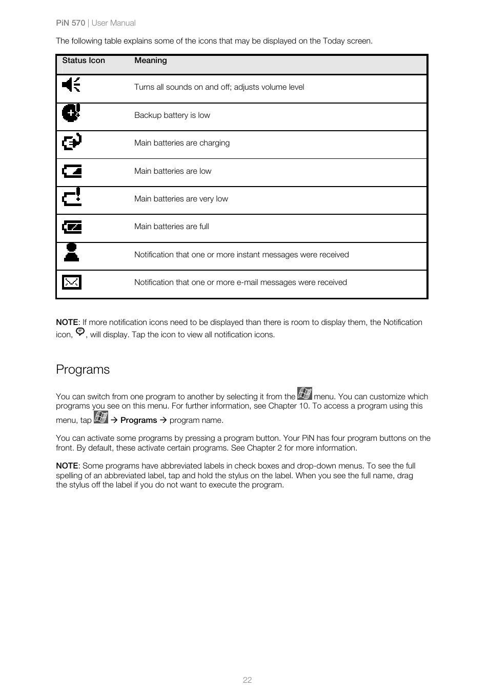 Programs | Navman PiN 570 User Manual | Page 22 / 116