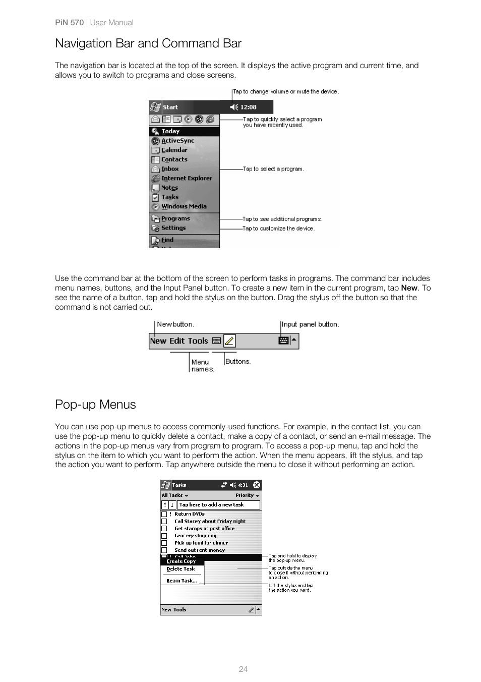 Navigation bar and command bar, Pop-up menus | Navman PiN 570 User Manual | Page 24 / 116
