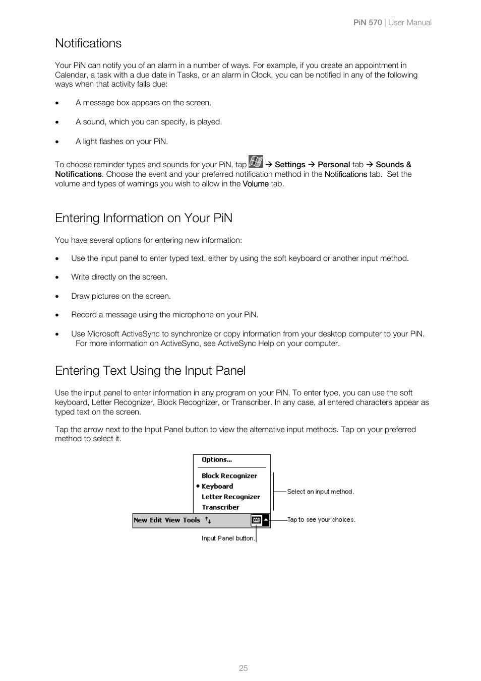 Notifications, Entering information on your pin, Entering text using the input panel | Navman PiN 570 User Manual | Page 25 / 116