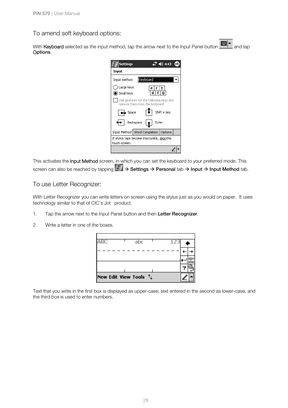 To amend soft keyboard options, To use letter recognizer | Navman PiN 570 User Manual | Page 28 / 116