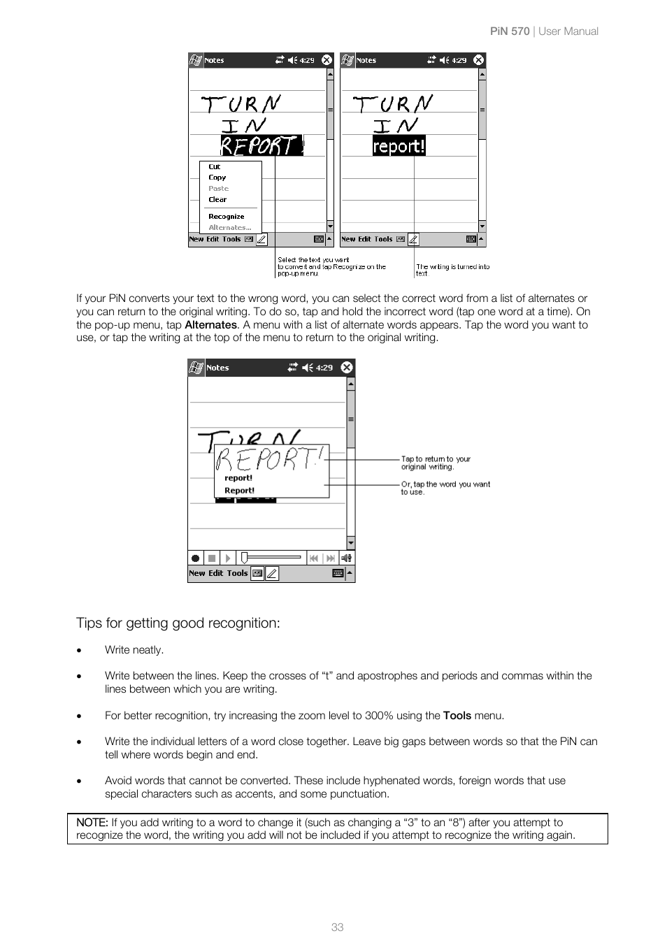 Tips for getting good recognition | Navman PiN 570 User Manual | Page 33 / 116