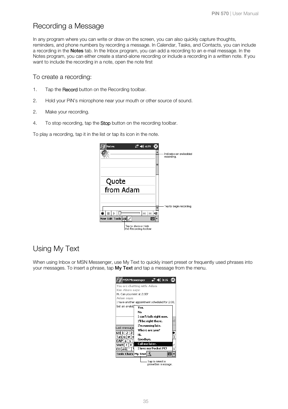 Recording a message, To create a recording, Using my text | Navman PiN 570 User Manual | Page 35 / 116