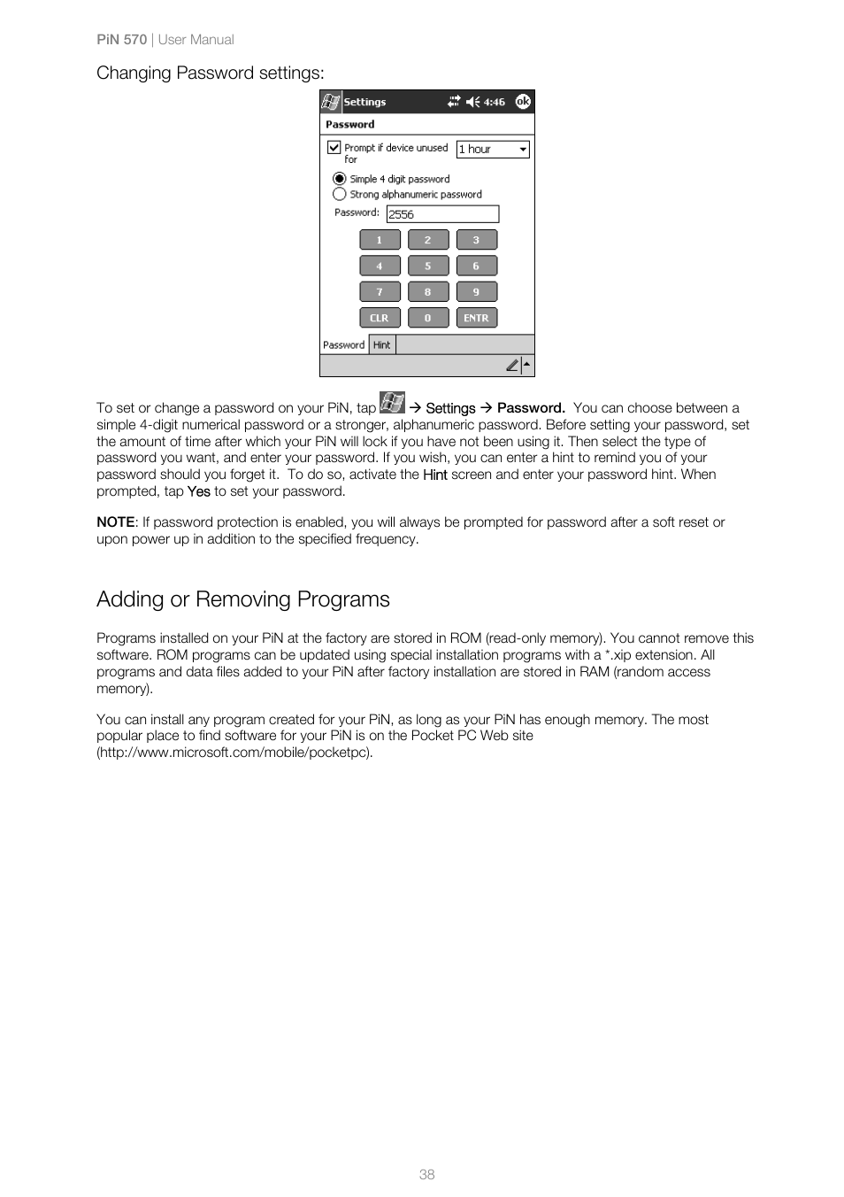 Changing password settings, Adding or removing programs | Navman PiN 570 User Manual | Page 38 / 116