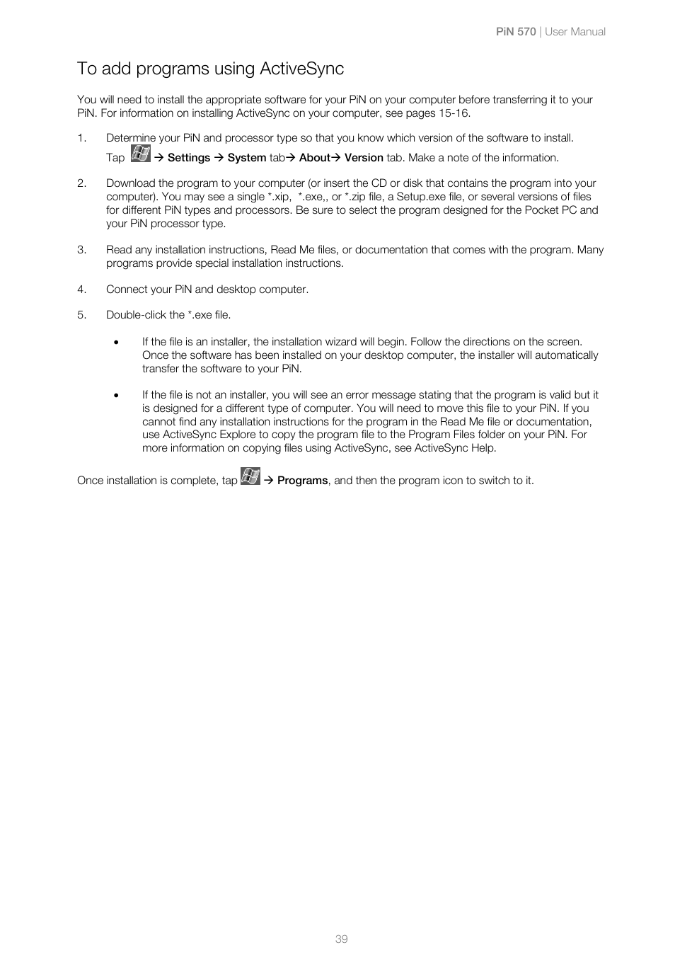 To add programs using activesync | Navman PiN 570 User Manual | Page 39 / 116