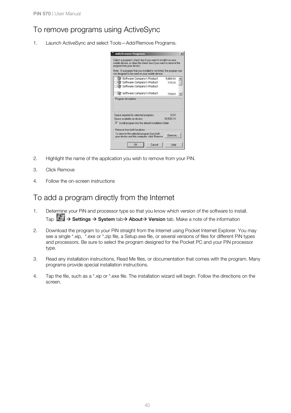To remove programs using activesync, To add a program directly from the internet | Navman PiN 570 User Manual | Page 40 / 116