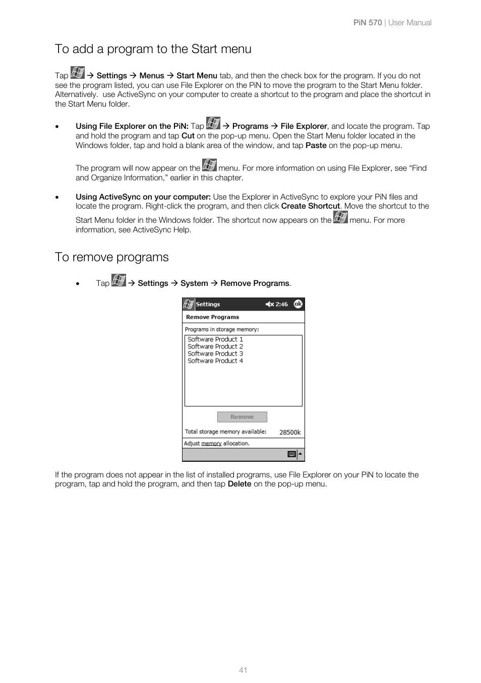 To add a program to the start menu, To remove programs | Navman PiN 570 User Manual | Page 41 / 116