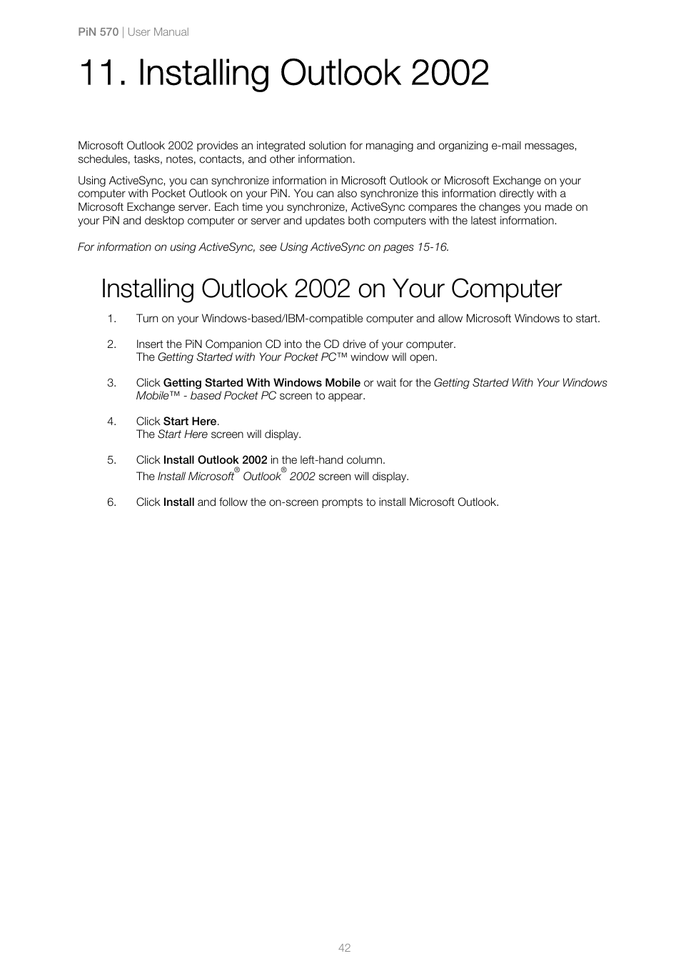 Installing outlook 2002, Installing outlook 2002 on your computer | Navman PiN 570 User Manual | Page 42 / 116