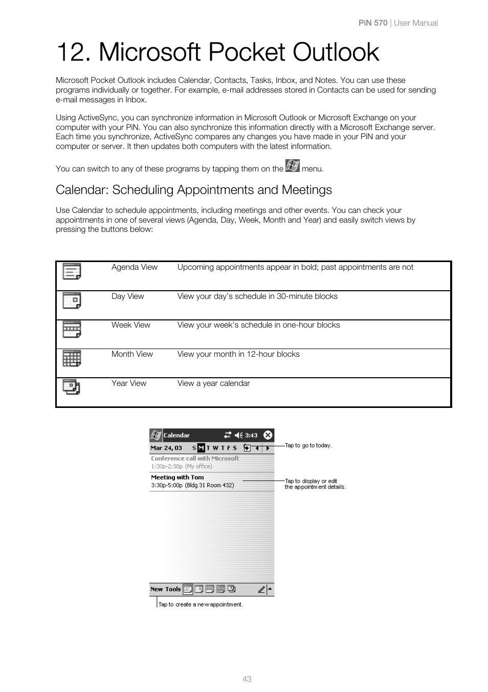 Microsoft pocket outlook, Calendar: scheduling appointments and meetings | Navman PiN 570 User Manual | Page 43 / 116