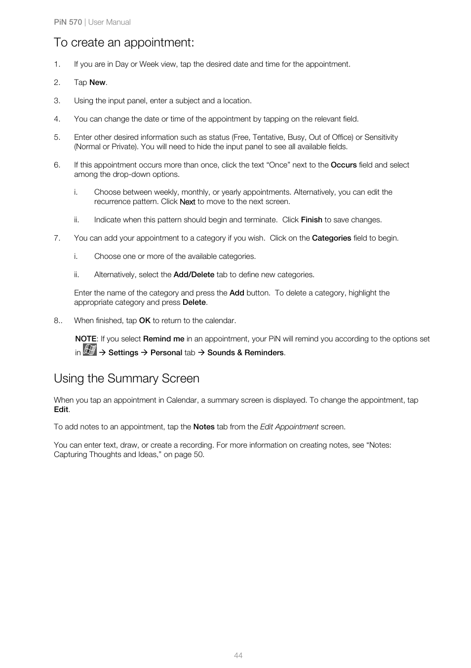To create an appointment, Using the summary screen | Navman PiN 570 User Manual | Page 44 / 116