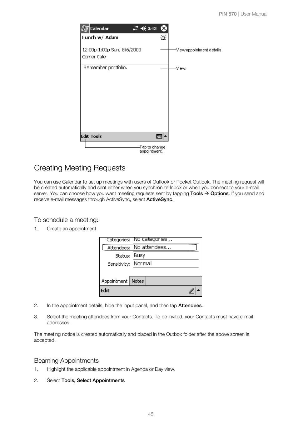 Creating meeting requests, To schedule a meeting, Beaming appointments | Navman PiN 570 User Manual | Page 45 / 116