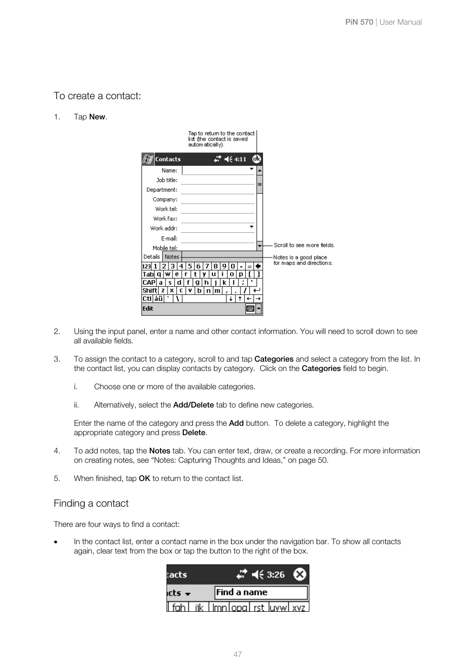 To create a contact, Finding a contact | Navman PiN 570 User Manual | Page 47 / 116