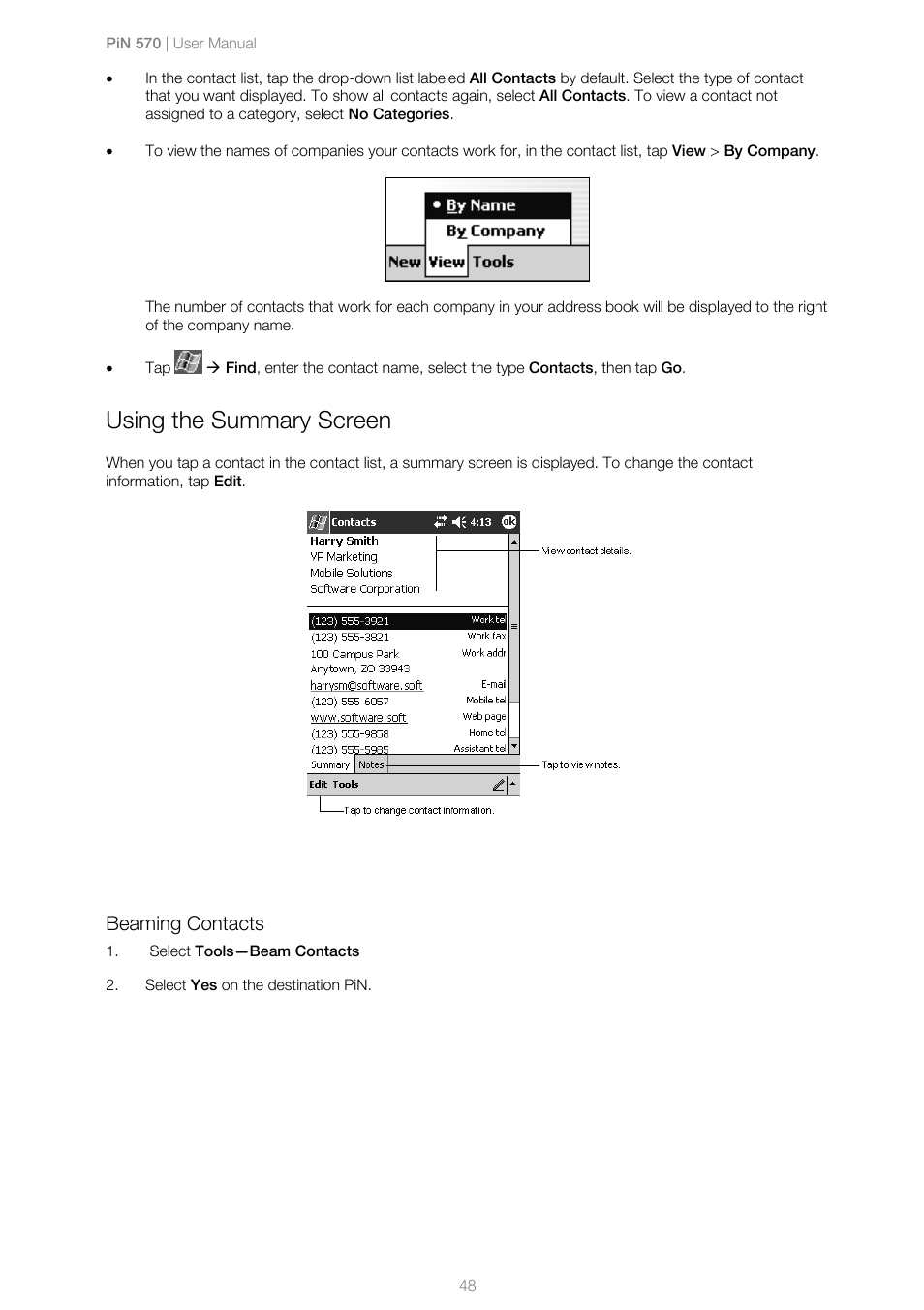 Using the summary screen, Beaming contacts | Navman PiN 570 User Manual | Page 48 / 116