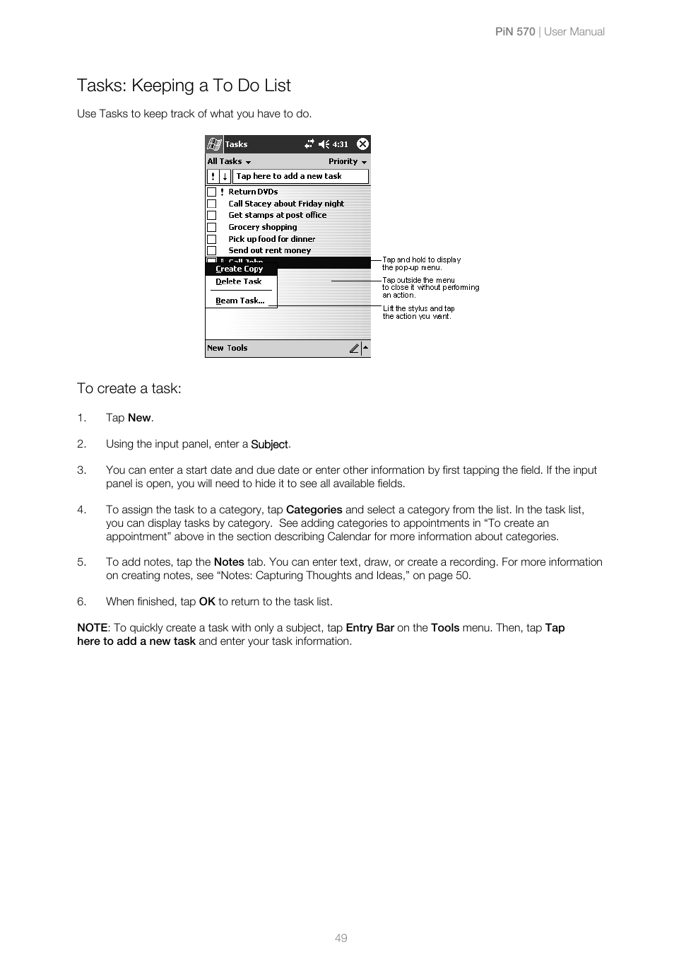 To create a task, Tasks: keeping a to do list | Navman PiN 570 User Manual | Page 49 / 116