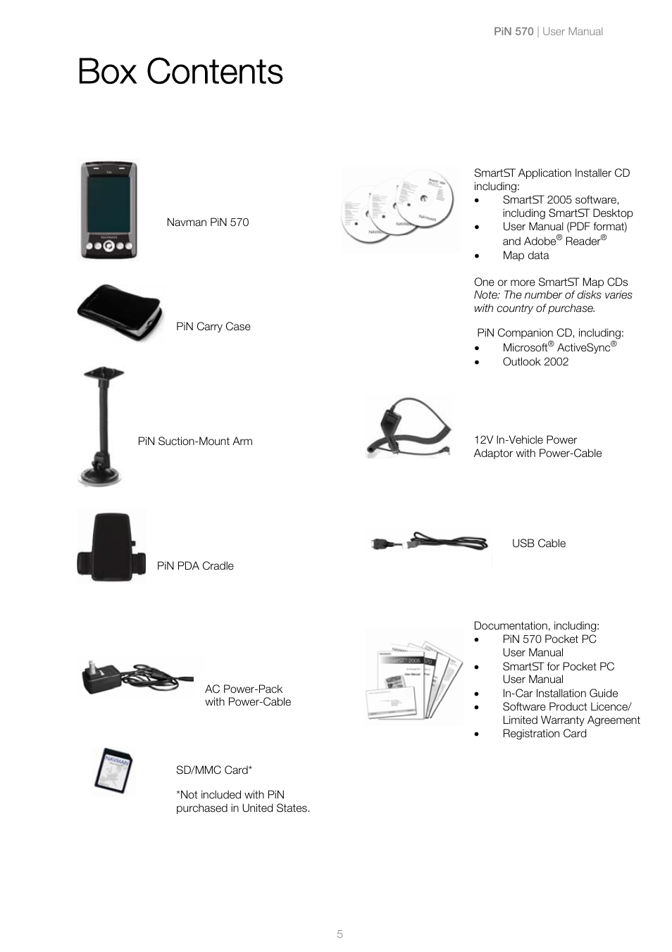 Box contents | Navman PiN 570 User Manual | Page 5 / 116