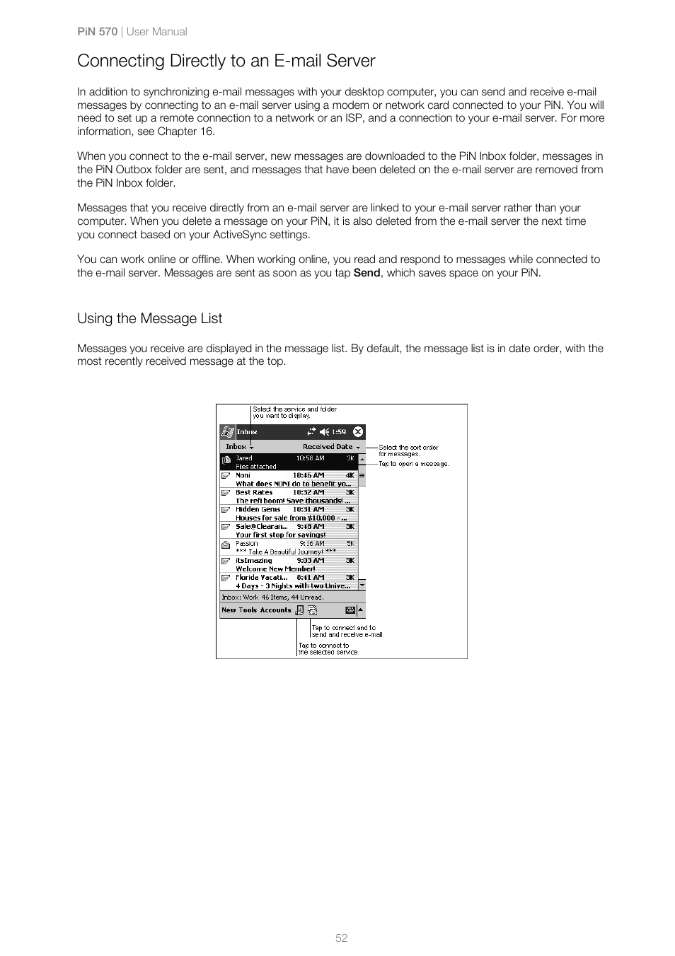 Connecting directly to an e-mail server, Using the message list | Navman PiN 570 User Manual | Page 52 / 116