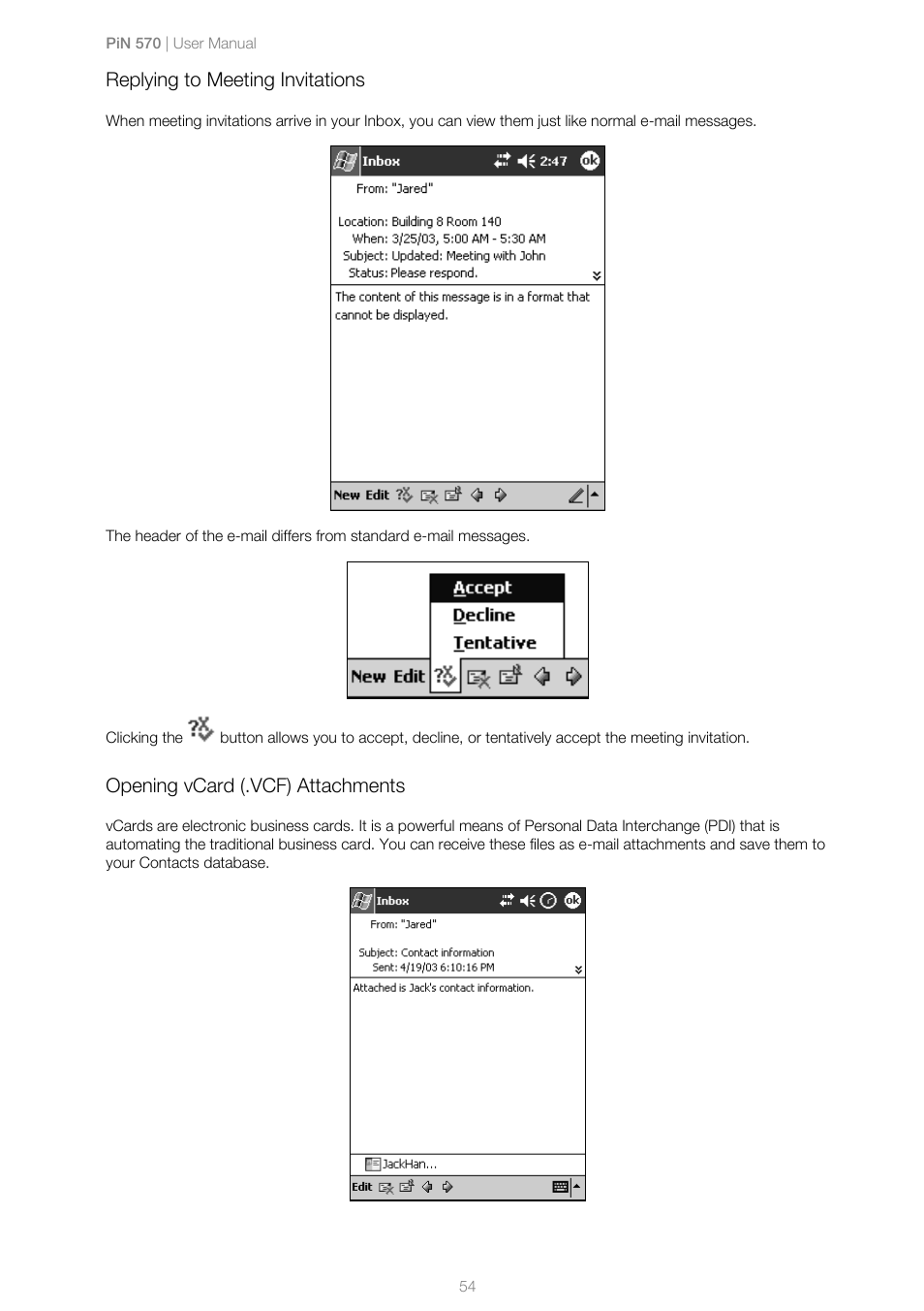 Replying to meeting invitations, Opening vcard (.vcf) attachments | Navman PiN 570 User Manual | Page 54 / 116