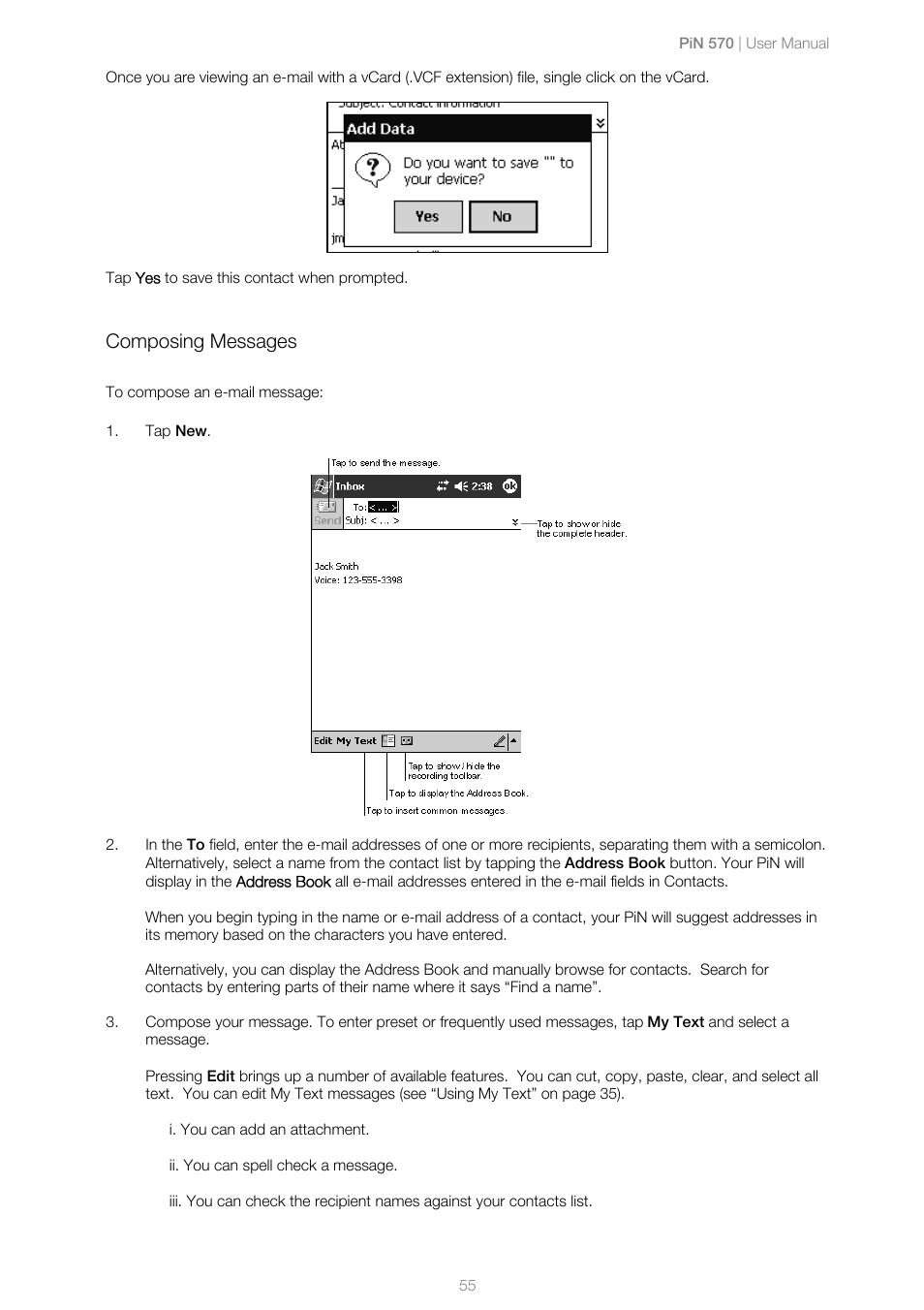 Composing messages, To compose an e-mail message | Navman PiN 570 User Manual | Page 55 / 116
