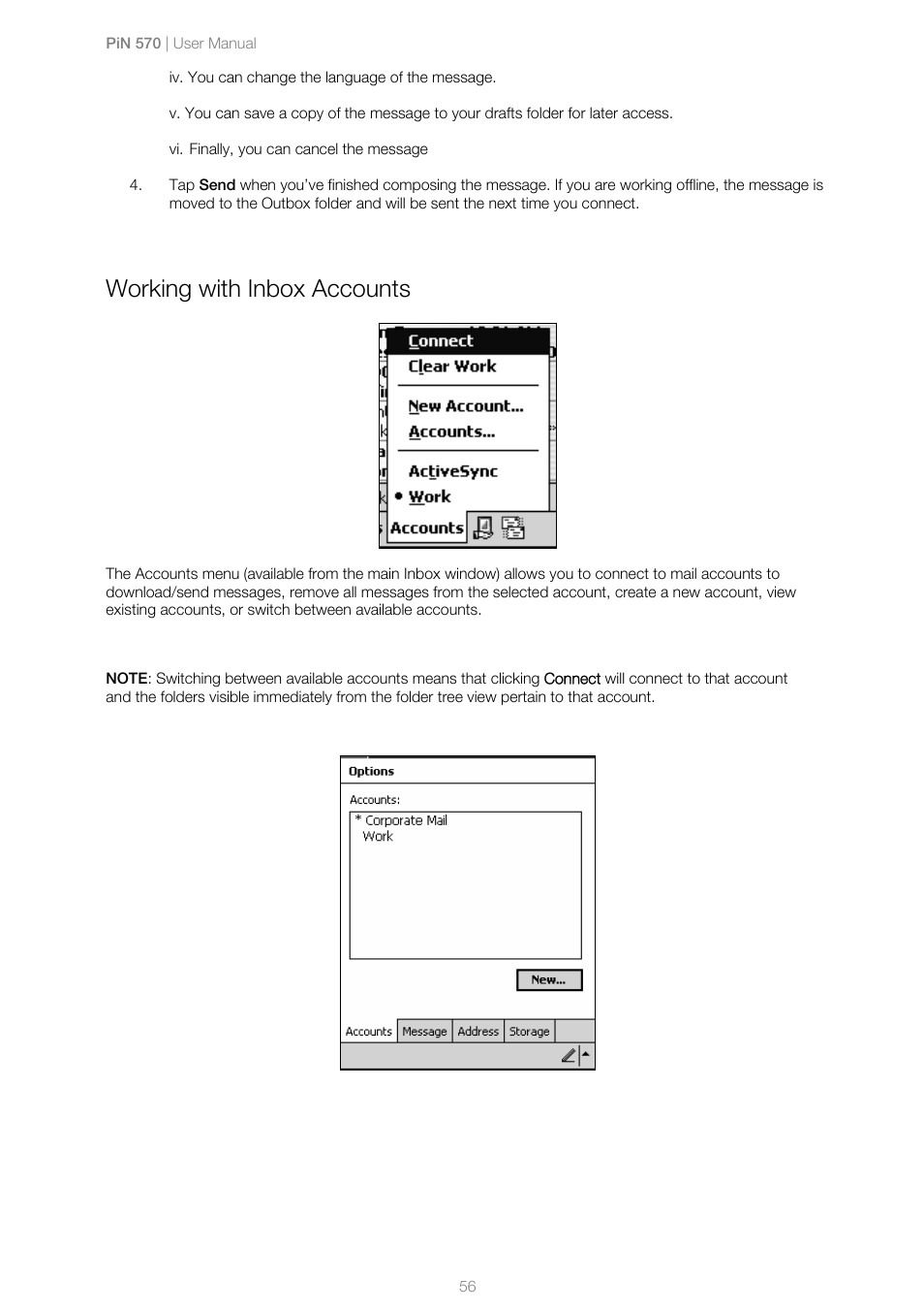 Working with inbox accounts | Navman PiN 570 User Manual | Page 56 / 116