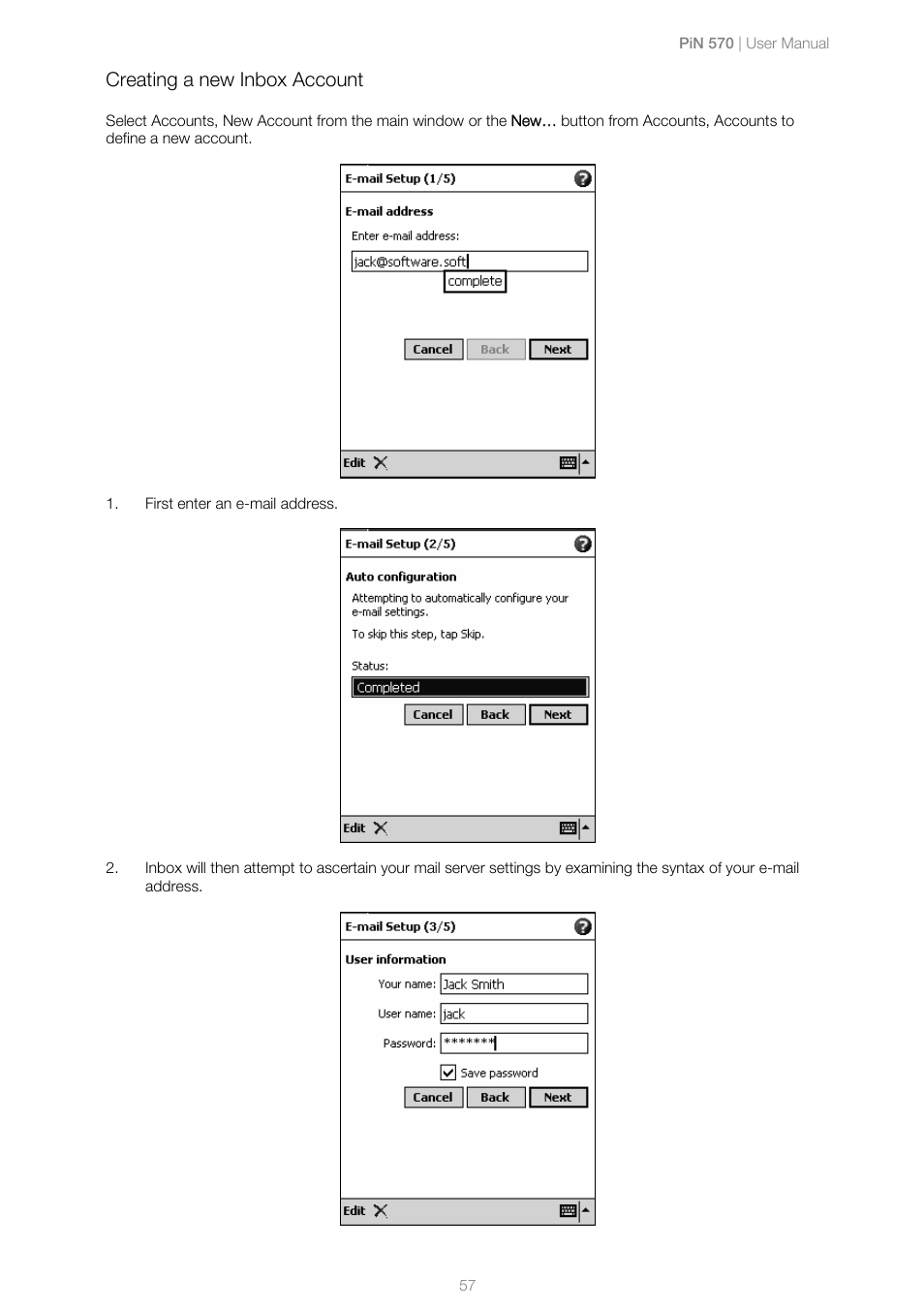 Creating a new inbox account | Navman PiN 570 User Manual | Page 57 / 116