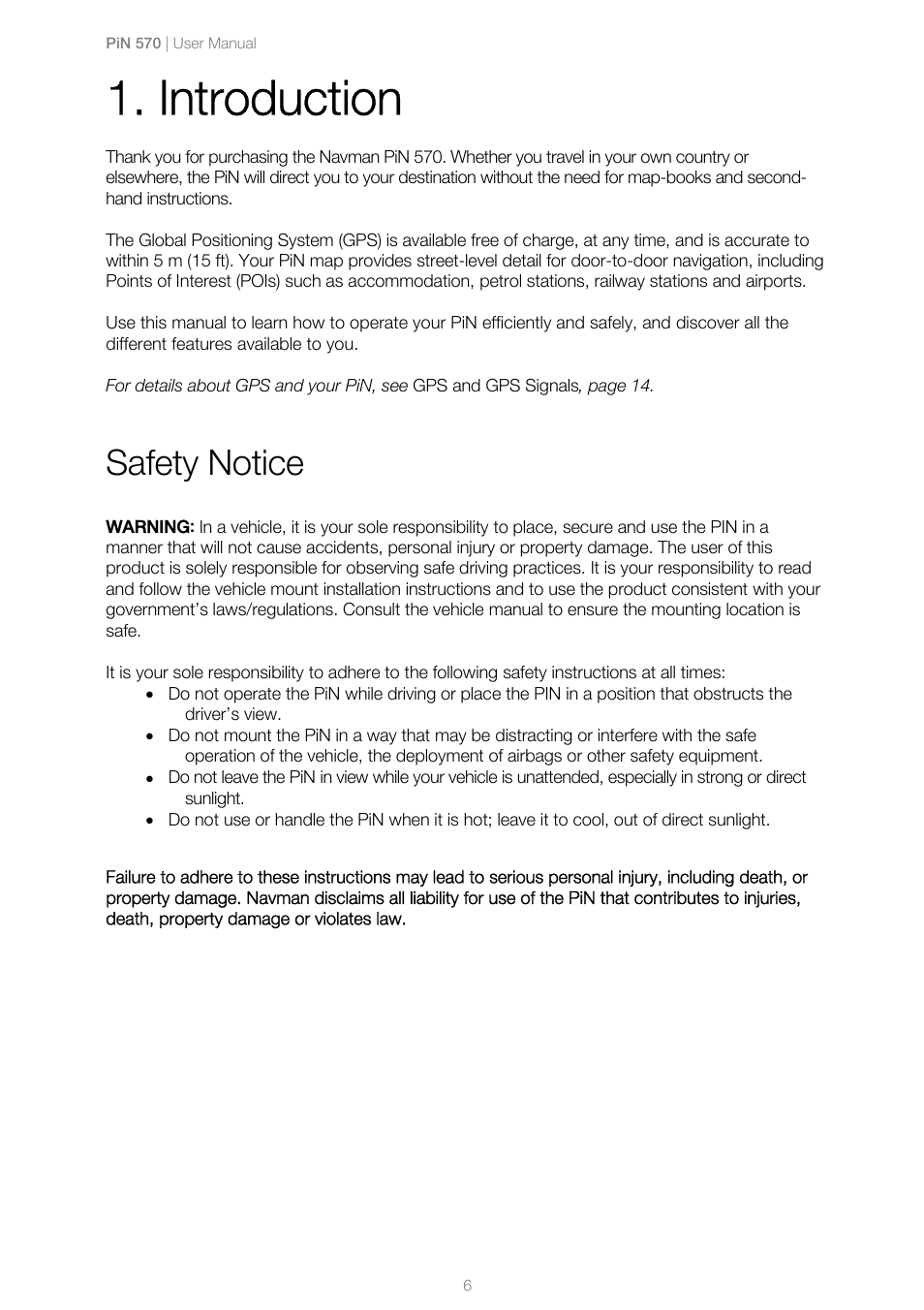Introduction, Safety notice | Navman PiN 570 User Manual | Page 6 / 116