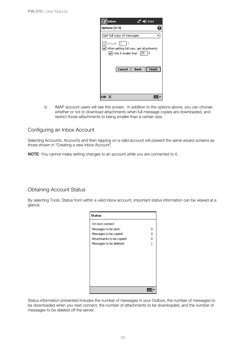 Configuring an inbox account, Obtaining account status | Navman PiN 570 User Manual | Page 60 / 116