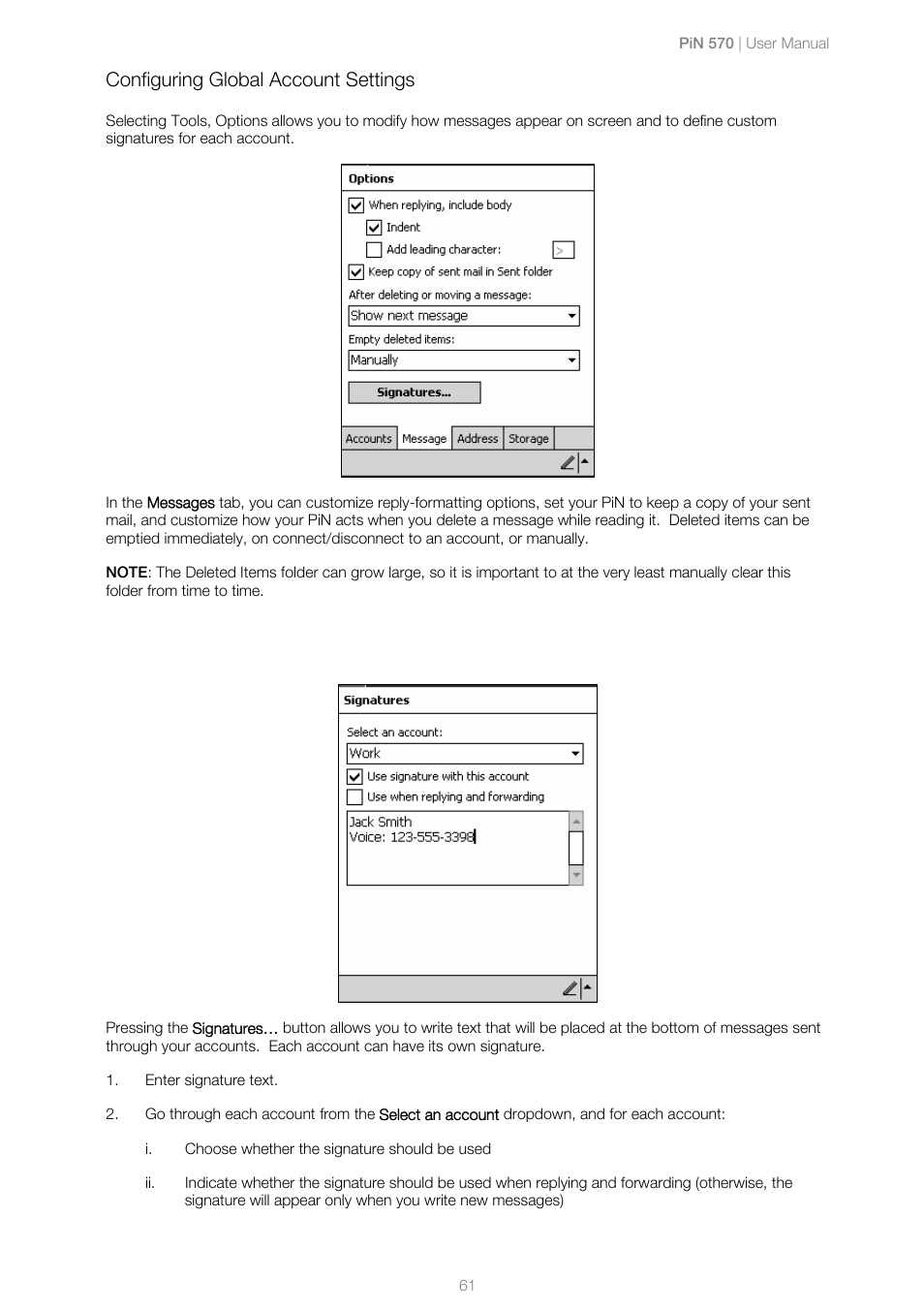 Configuring global account settings | Navman PiN 570 User Manual | Page 61 / 116