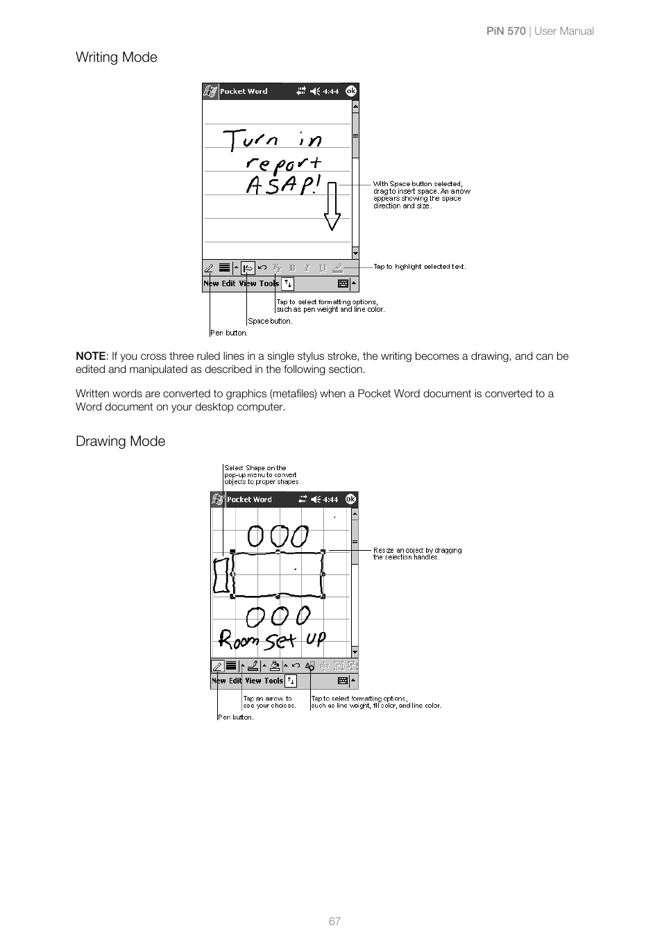 Writing mode, Drawing mode | Navman PiN 570 User Manual | Page 67 / 116