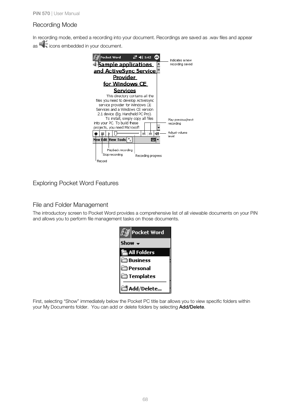 Recording mode, Exploring pocket word features, File and folder management | Navman PiN 570 User Manual | Page 68 / 116