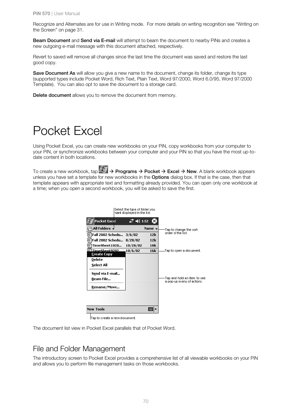 File and folder management, Pocket excel | Navman PiN 570 User Manual | Page 70 / 116