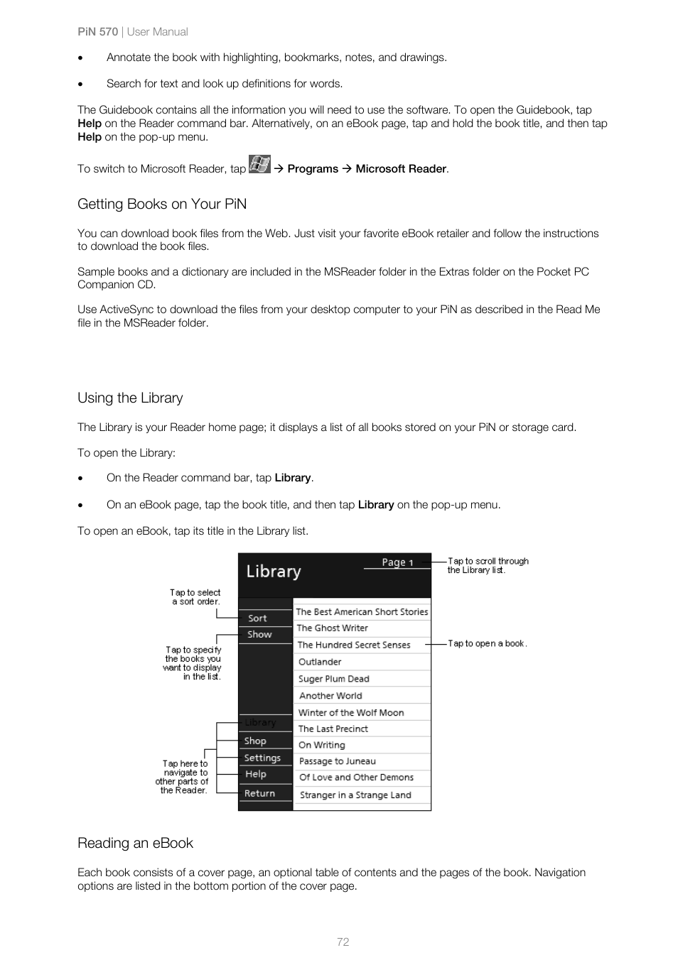 Getting books on your pin, Using the library, Reading an ebook | Navman PiN 570 User Manual | Page 72 / 116